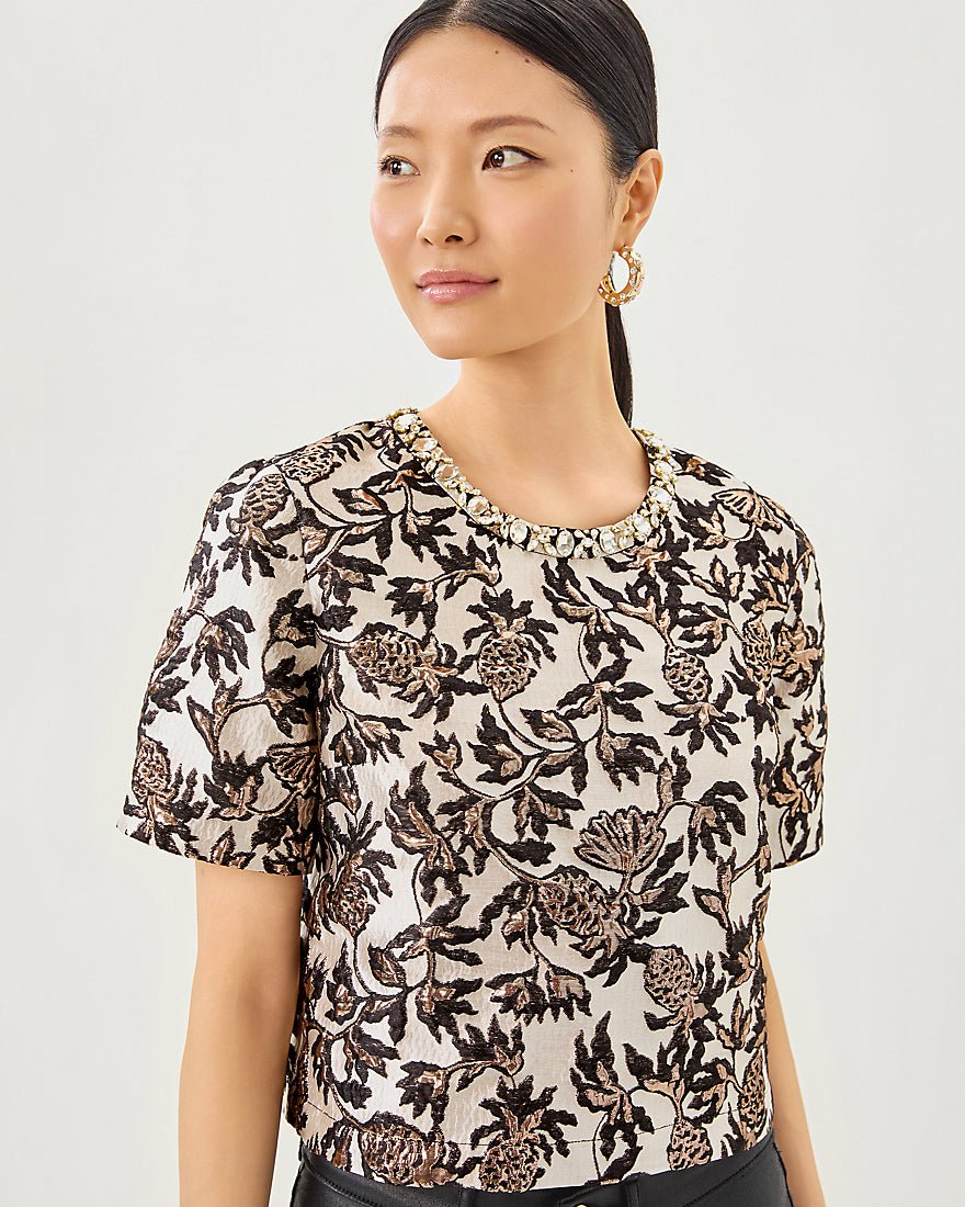 Folie Cropped Top - Noir Pineapple Puff Metallic Jacquard