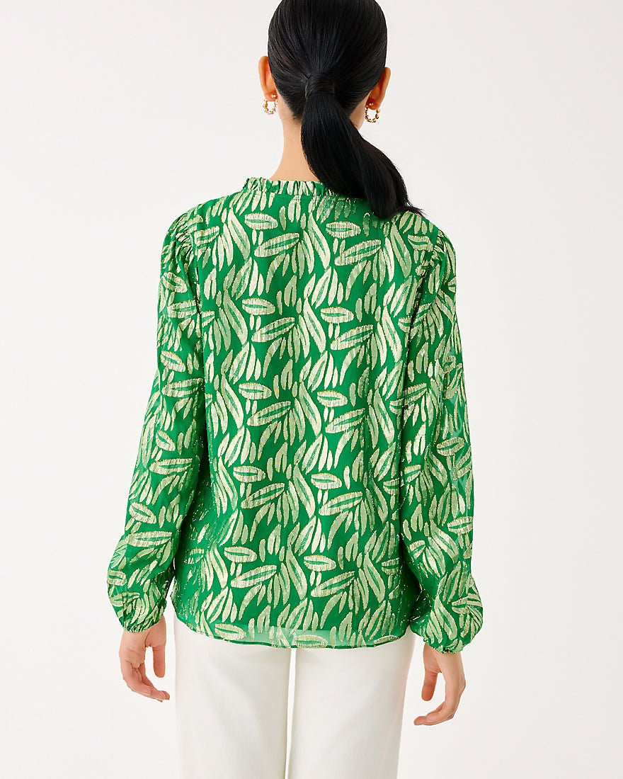 Lilly Pulitzer - Giana Long Sleeve Silk Top - Bamboo Green Leafy Babe Metallic Silk Clip