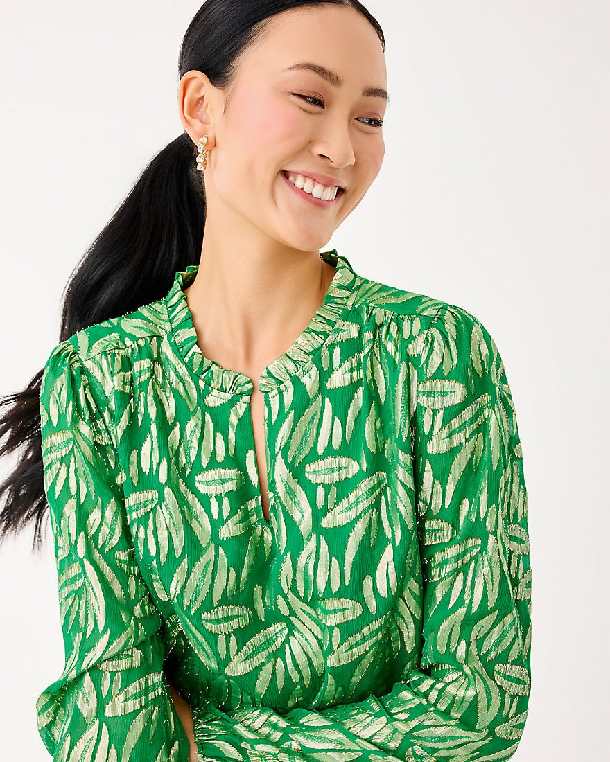 Lilly Pulitzer - Giana Long Sleeve Silk Top - Bamboo Green Leafy Babe Metallic Silk Clip