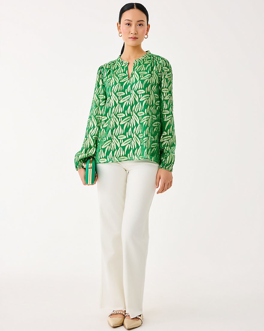 Lilly Pulitzer - Giana Long Sleeve Silk Top - Bamboo Green Leafy Babe Metallic Silk Clip
