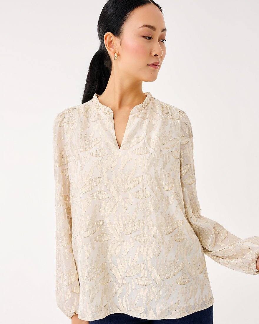 Giana Long Sleeve Silk Top - Coconut Leafy Babe Metallic Silk Clip