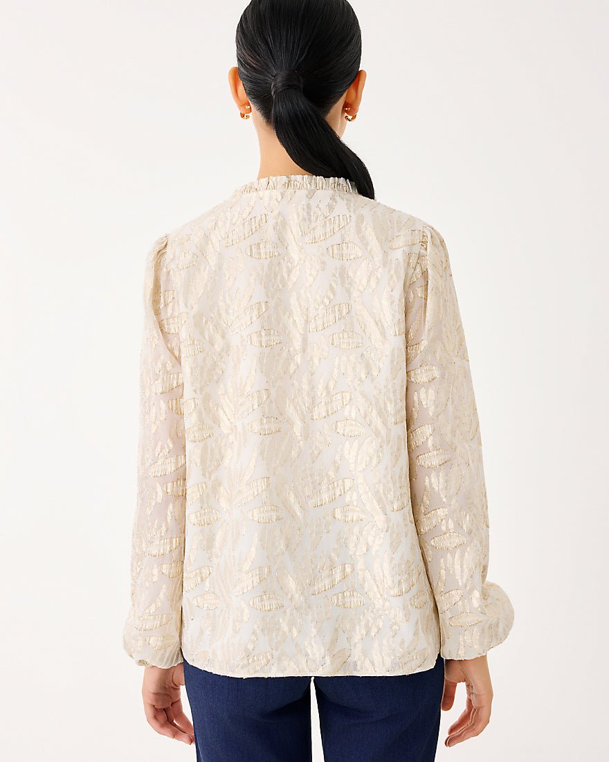 Giana Long Sleeve Silk Top - Coconut Leafy Babe Metallic Silk Clip