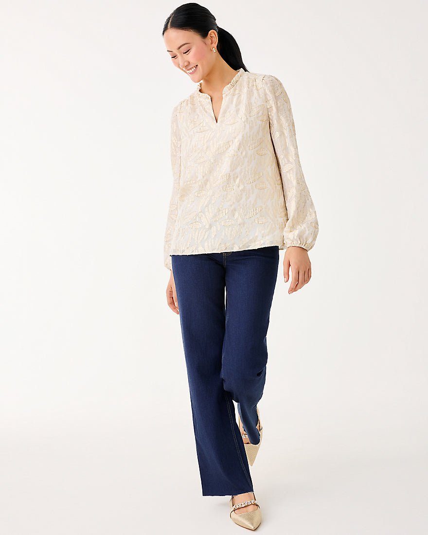 Giana Long Sleeve Silk Top - Coconut Leafy Babe Metallic Silk Clip