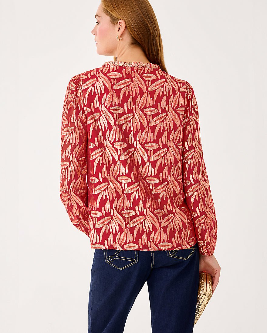 Giana Long Sleeve Silk Top - Cranberry Red Leafy Babe Metallic Silk Clip