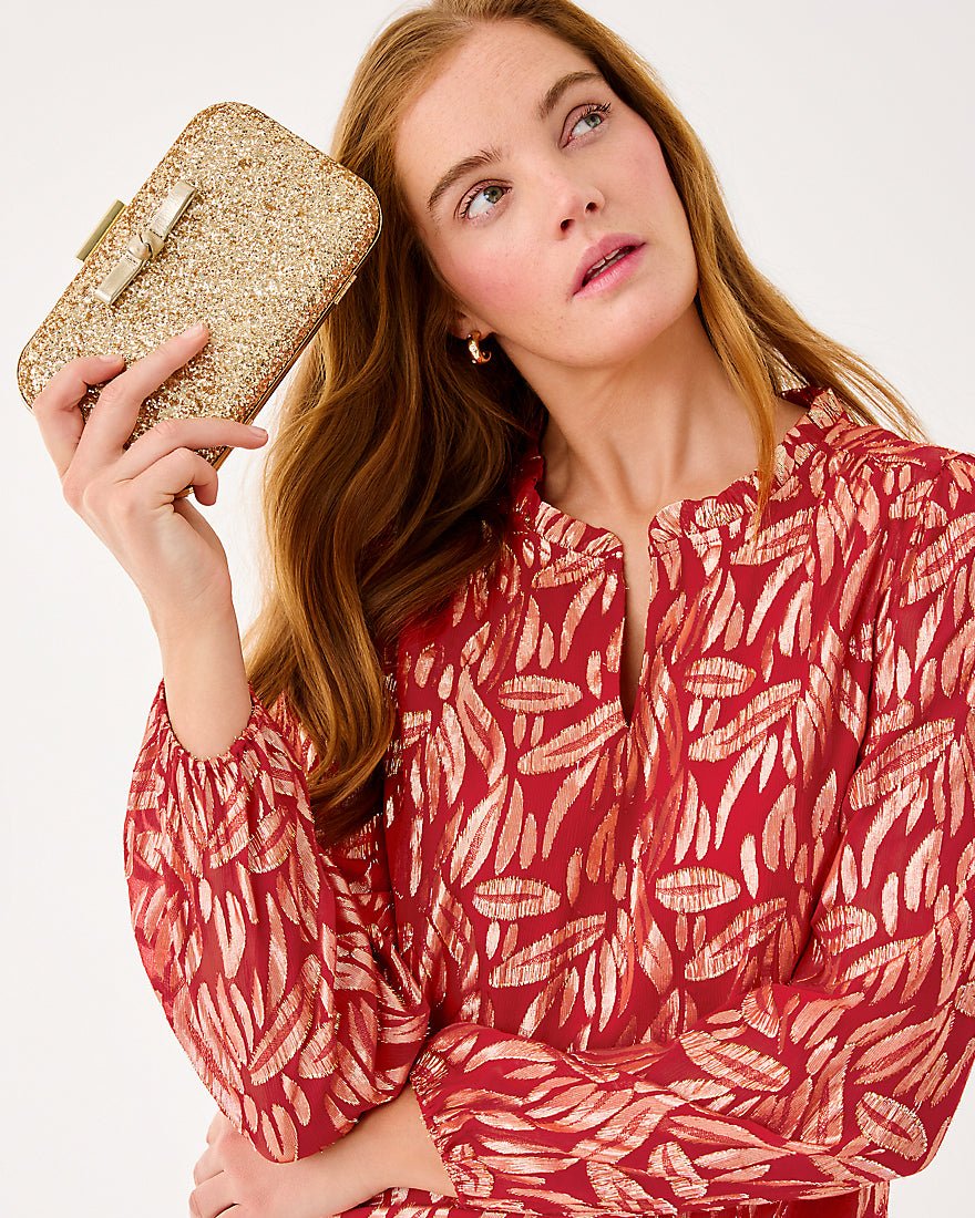 Giana Long Sleeve Silk Top - Cranberry Red Leafy Babe Metallic Silk Clip