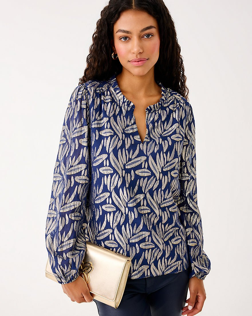 Giana Long Sleeve Silk Top - Low Tide Navy Leafy Babe Metallic Silk Clip