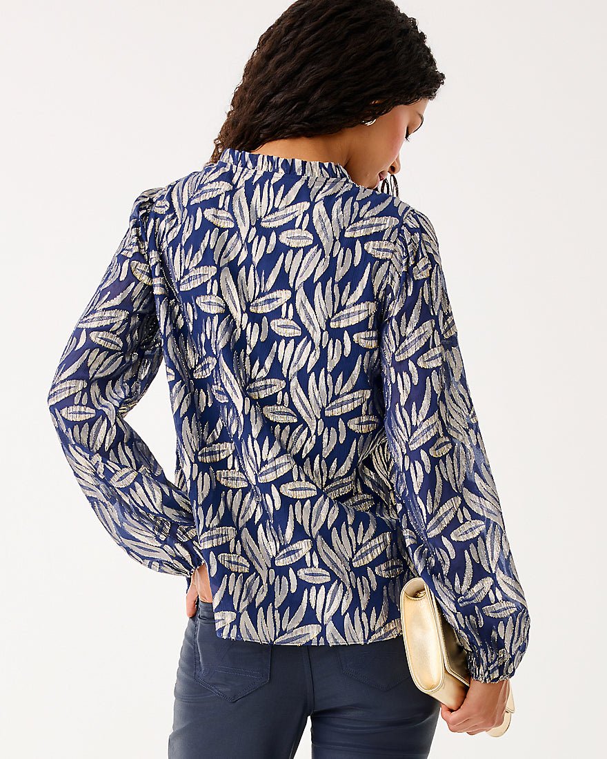 Giana Long Sleeve Silk Top - Low Tide Navy Leafy Babe Metallic Silk Clip