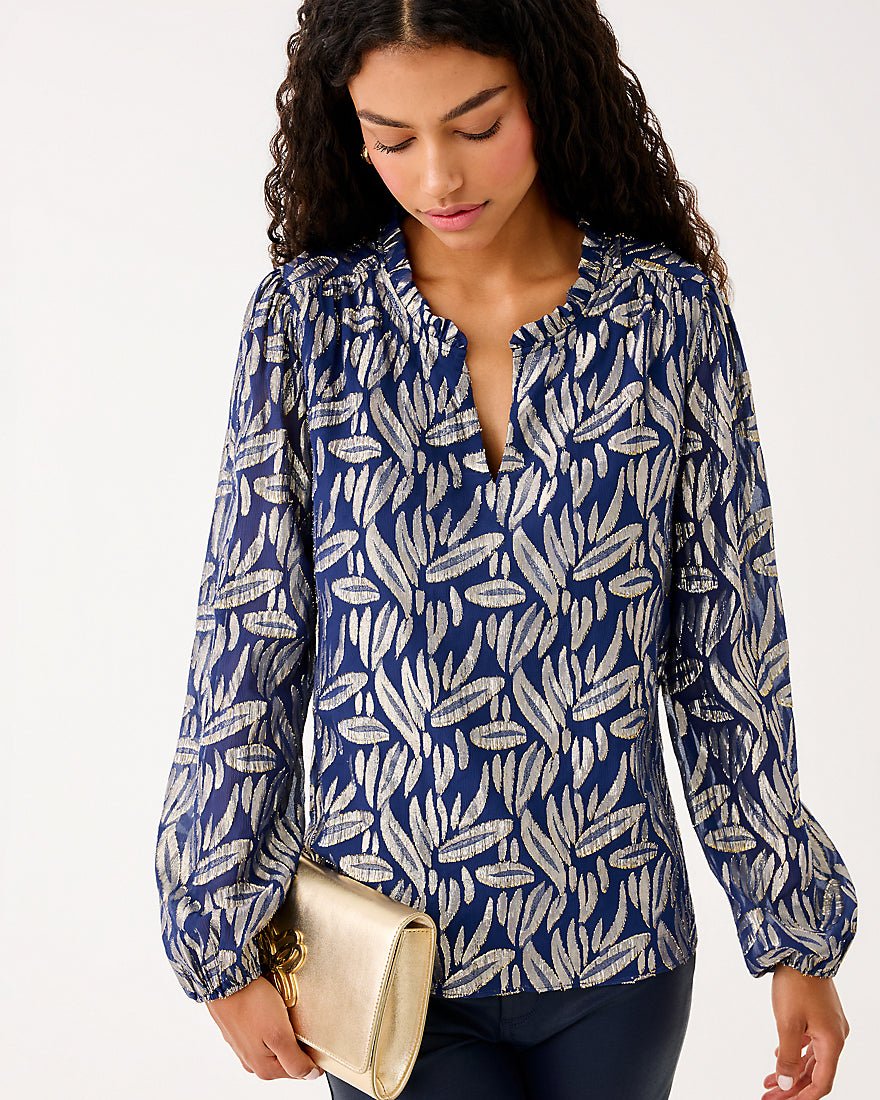 Giana Long Sleeve Silk Top - Low Tide Navy Leafy Babe Metallic Silk Clip
