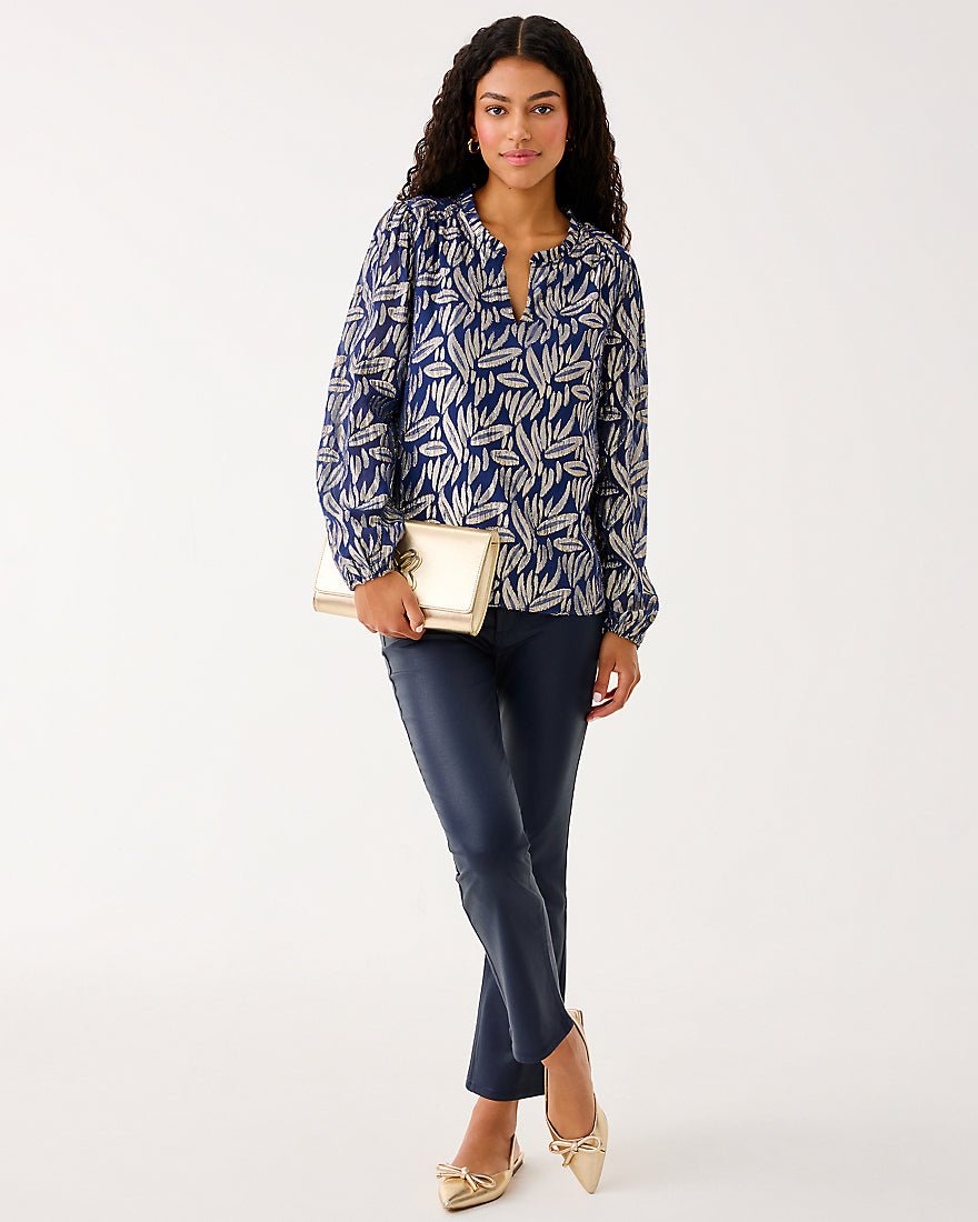 Giana Long Sleeve Silk Top - Low Tide Navy Leafy Babe Metallic Silk Clip
