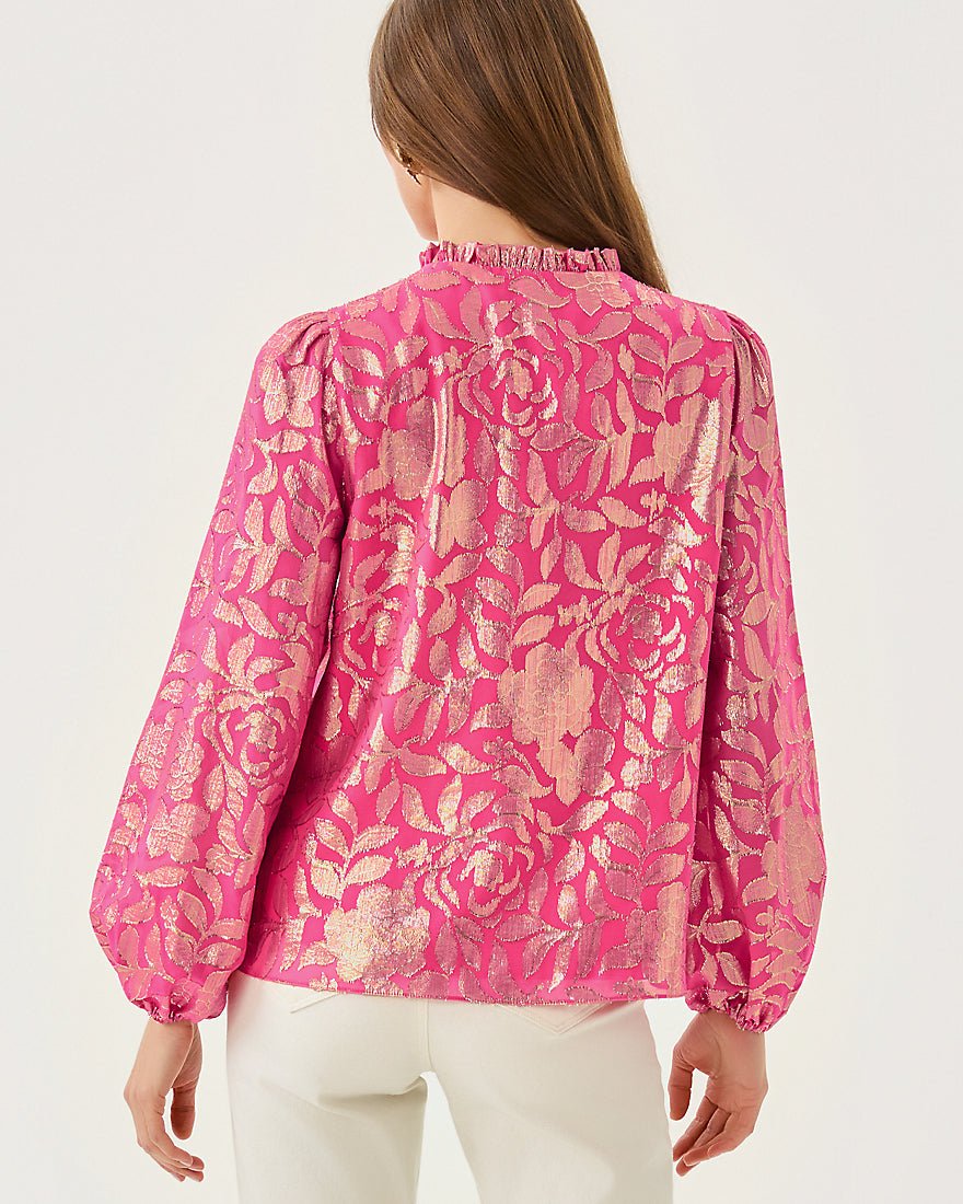 Giana Long Sleeve Silk Top - Sun Shell Pink Floral Bloom Silk Clip