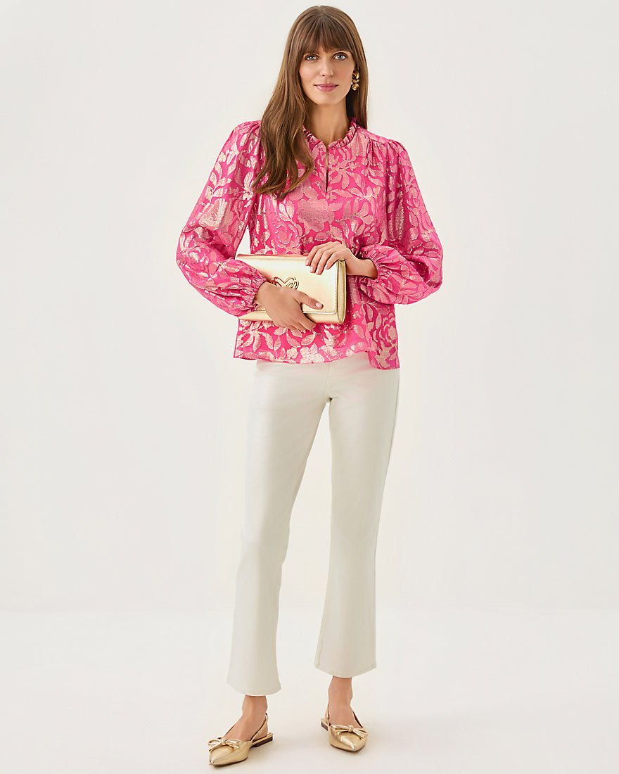 Giana Long Sleeve Silk Top - Sun Shell Pink Floral Bloom Silk Clip