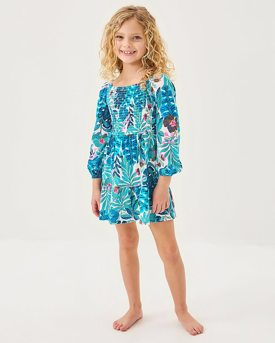 Girls Mini Jilly Long Sleeved Dress - Breezy Aqua Best Fronds Forever