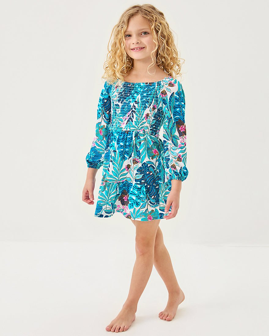 Girls Mini Jilly Long Sleeved Dress - Breezy Aqua Best Fronds Forever