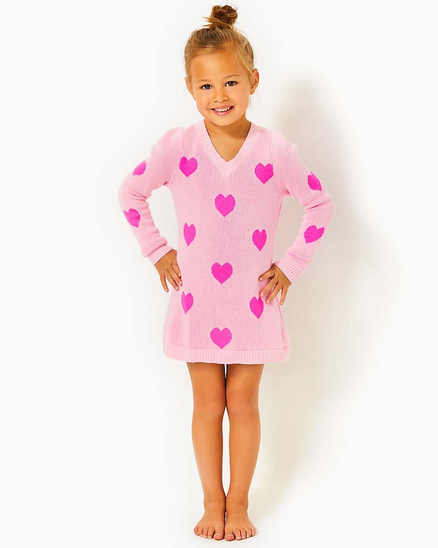 Girls Mini Keane Sweater Dress - Peony Pink Hearts Jacquard - 3