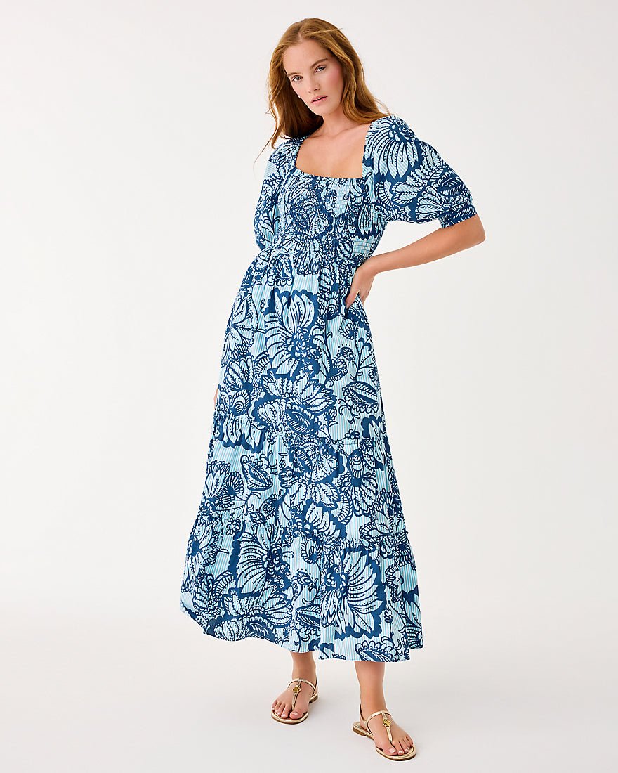 Lilly Pulitzer - Hadly Short Sleeve Smocked Maxi Dress - Starlight Navy Proud As A Peacock