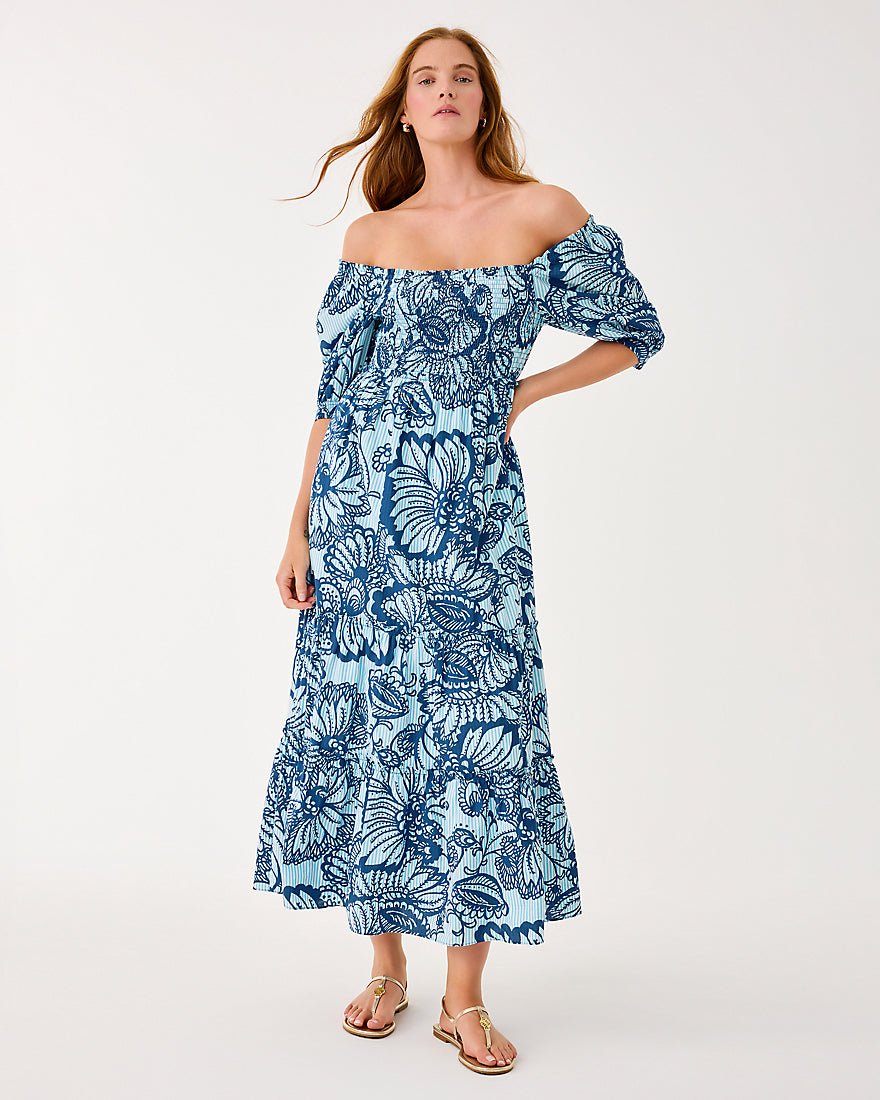 Lilly Pulitzer - Hadly Short Sleeve Smocked Maxi Dress - Starlight Navy Proud As A Peacock