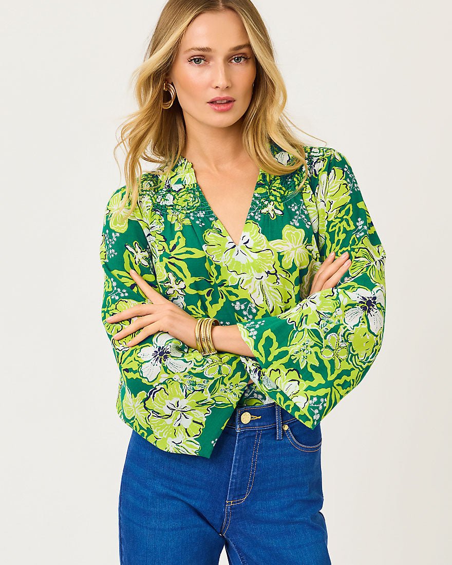 Lourdes Long Sleeve Top - Fiddle Leaf Green Once And Floral