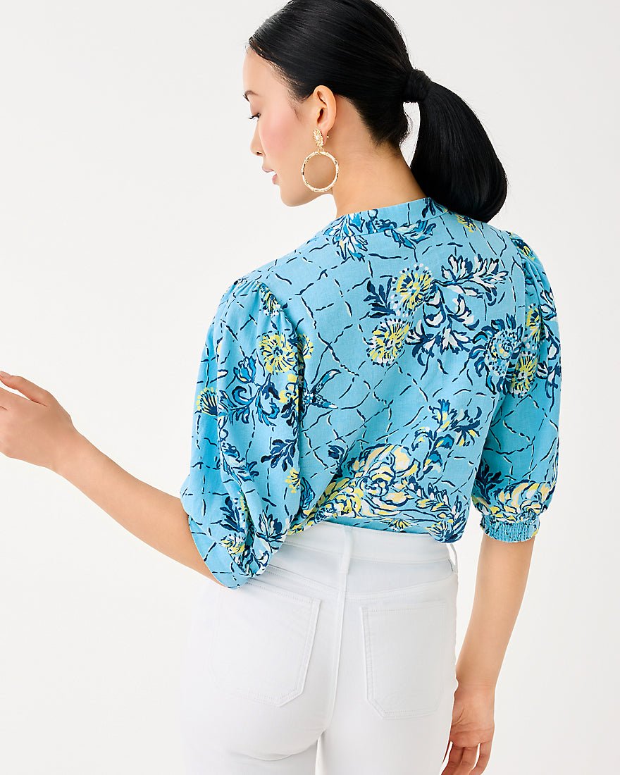 Lilly Pulitzer - Mialeigh Elbow Sleeve Linen Top - Bellevue Blue Breakers Beach