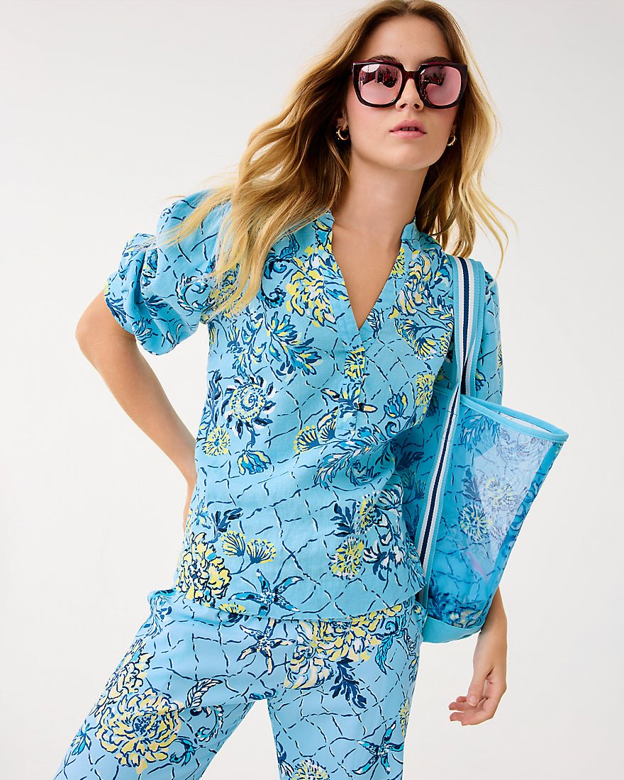 Lilly Pulitzer - Mialeigh Elbow Sleeve Linen Top - Bellevue Blue Breakers Beach