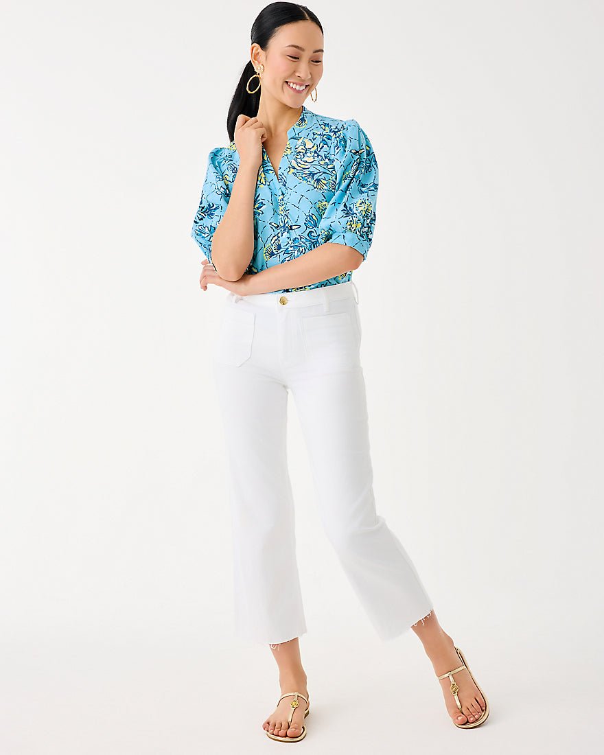 Lilly Pulitzer - Mialeigh Elbow Sleeve Linen Top - Bellevue Blue Breakers Beach