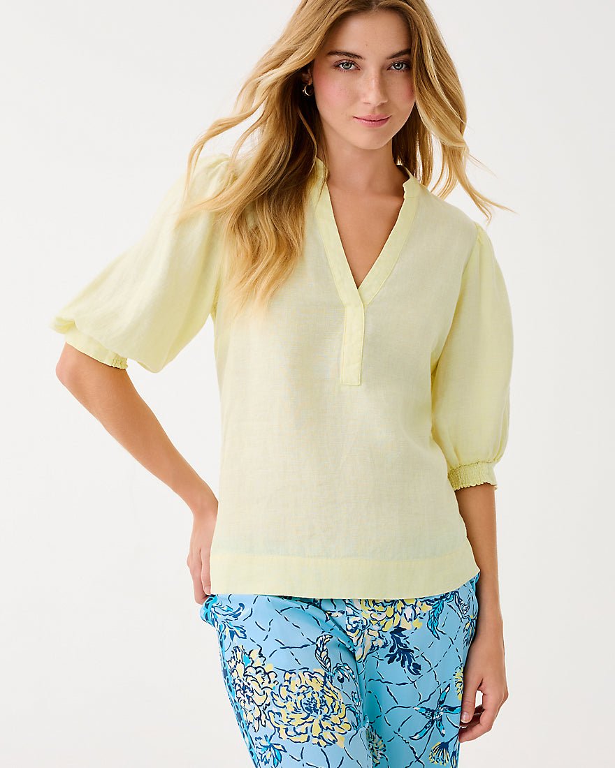 Lilly Pulitzer - Mialeigh Elbow Sleeve Linen Top - Limoncello X Resort White