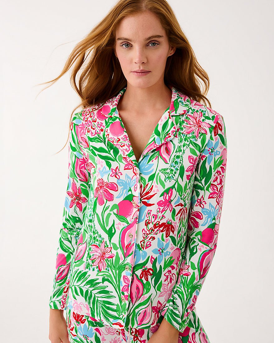 Pj Knit Long Sleeve Button Up Top - Multi Glowing Gardens