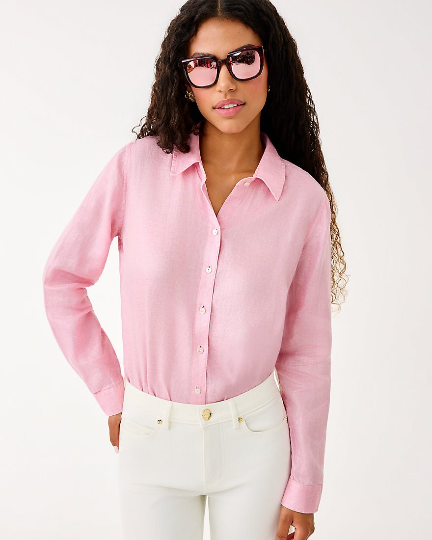 Sea View Metallic Button Down Top - Conch Shell Pink Foil
