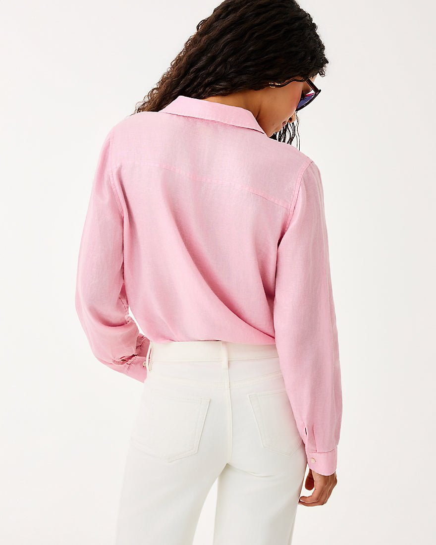 Sea View Metallic Button Down Top - Conch Shell Pink Foil