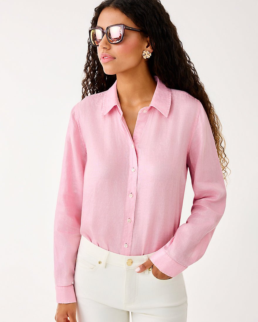 Sea View Metallic Button Down Top - Conch Shell Pink Foil
