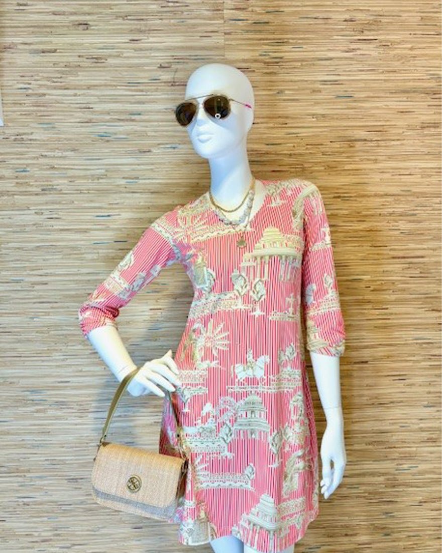 Three Quarter Ruched Sleeve Dress - Cabana Stripe Coral Khaki