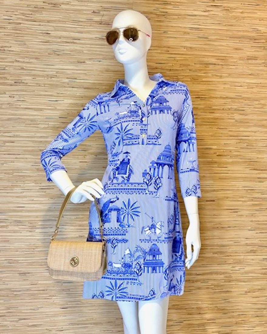 Three Quarter Sleeve Polo Dress - Cabana Stripe Blue Tonal