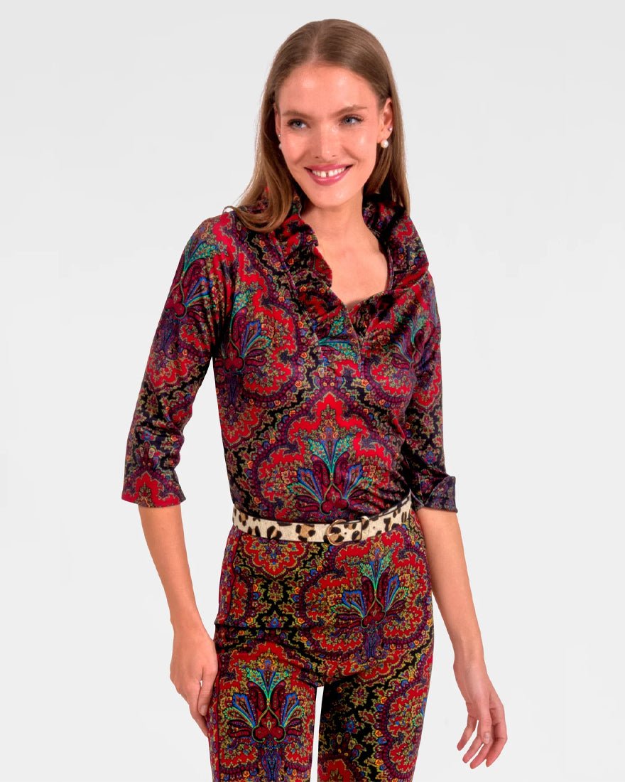 Three Quarter Sleeve Ruffneck Top - Black Passion Paisley
