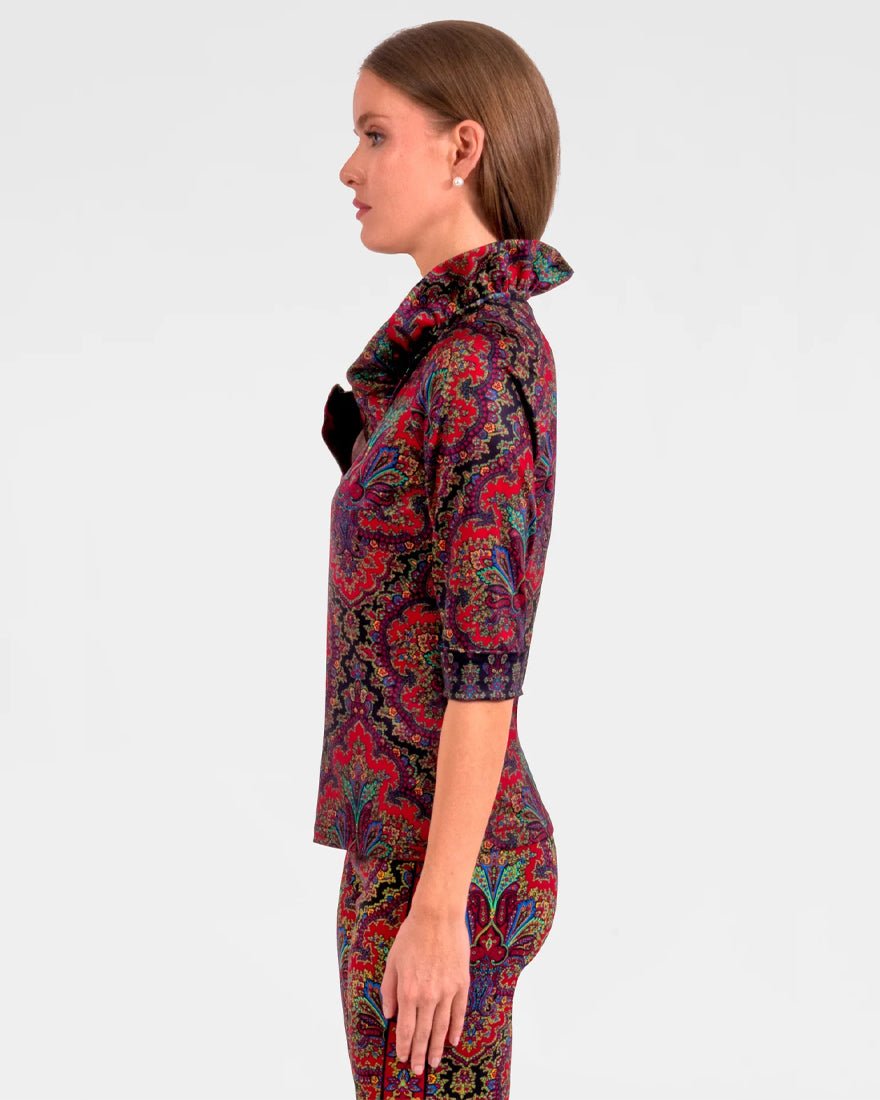 Three Quarter Sleeve Ruffneck Top - Black Passion Paisley