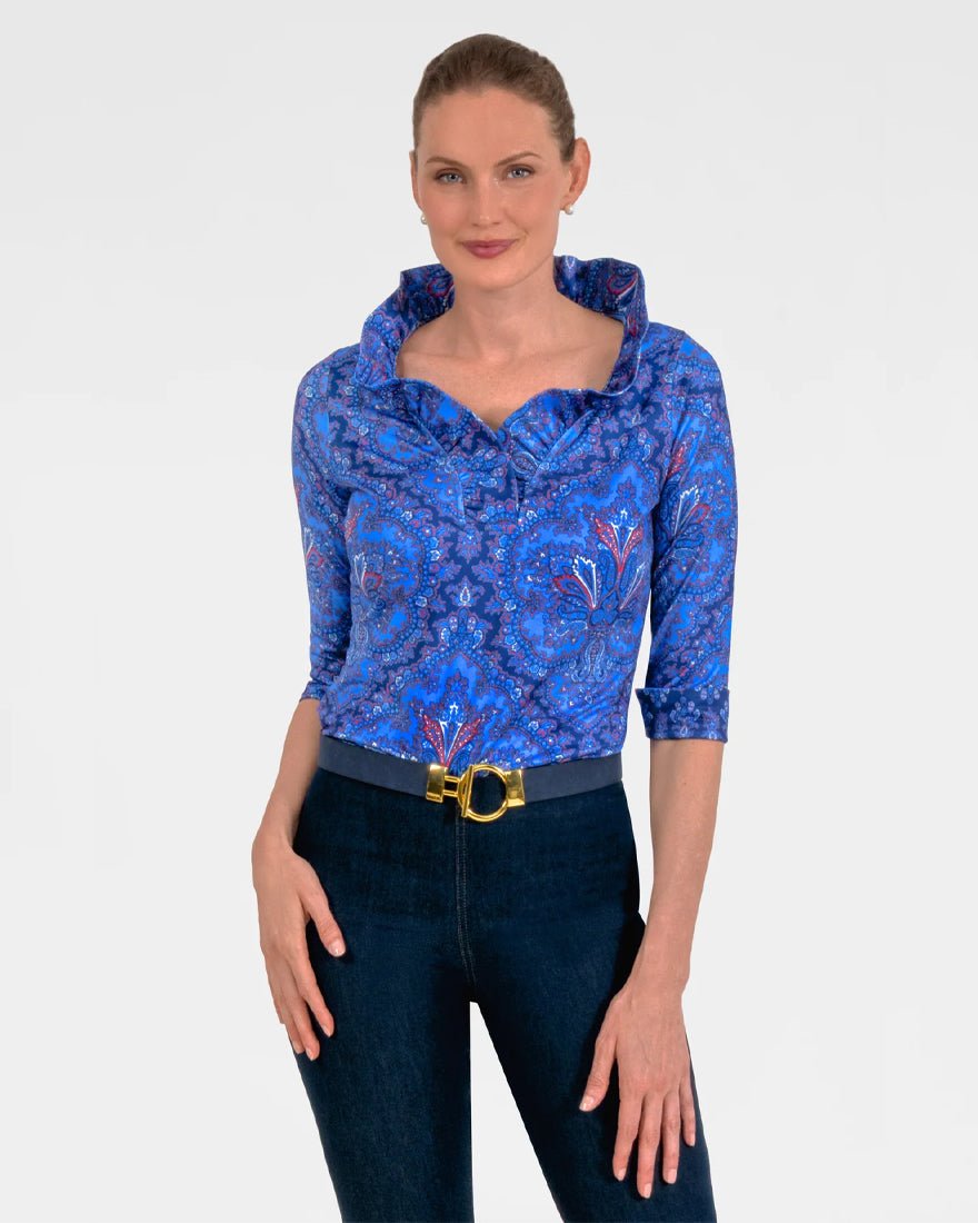 Three Quarter Sleeve Ruffneck Top - Imari Passion Paisley