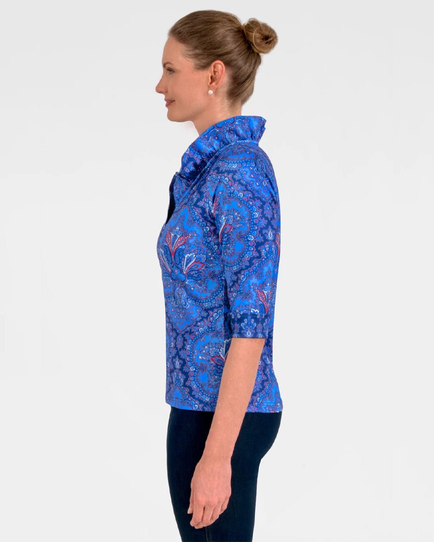 Three Quarter Sleeve Ruffneck Top - Imari Passion Paisley