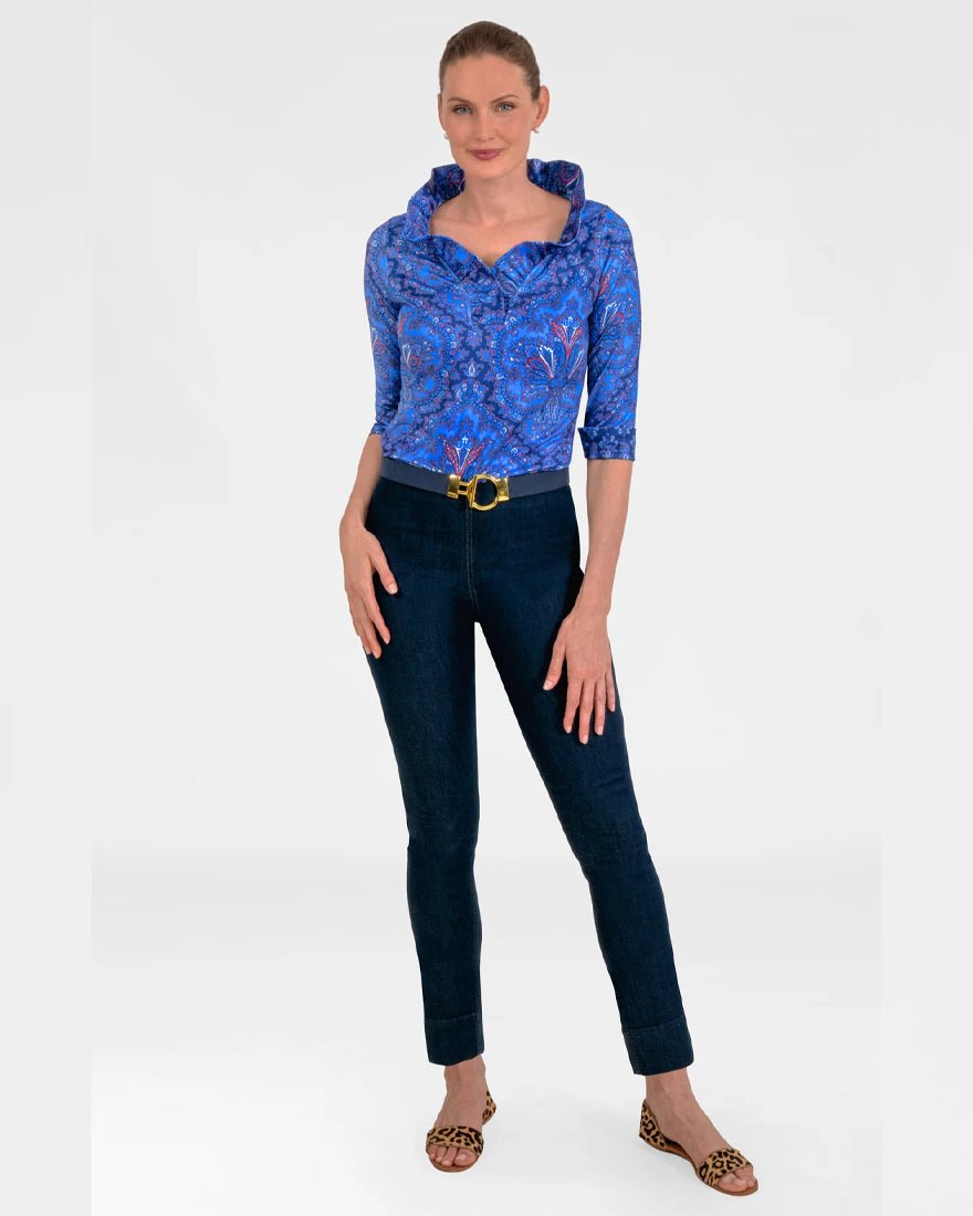 Three Quarter Sleeve Ruffneck Top - Imari Passion Paisley