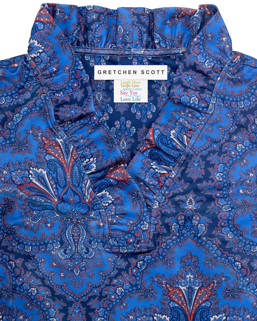 Three Quarter Sleeve Ruffneck Top - Imari Passion Paisley