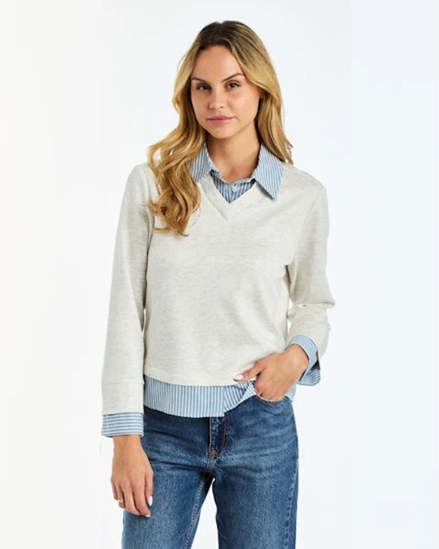 Drew - Biana Mixed Media Top - Heather Grey