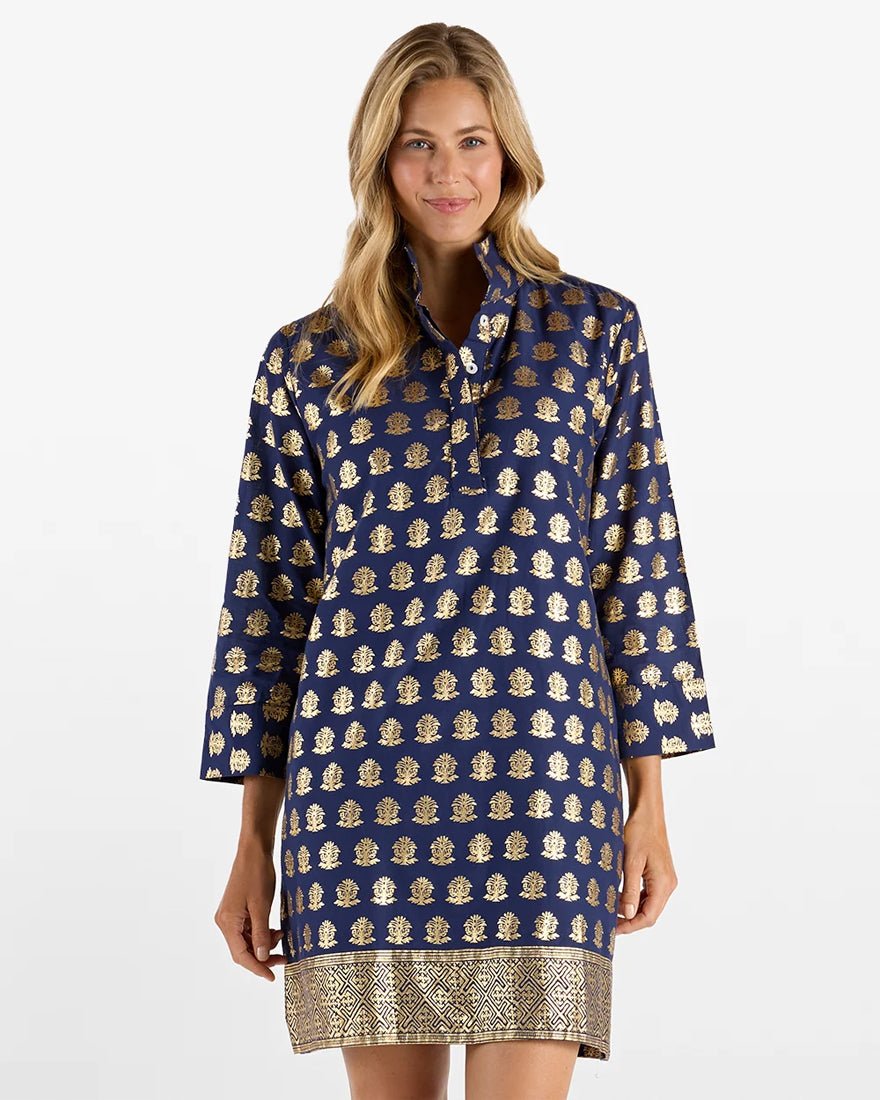 Jude Connally - Helen Dress - Foulard Border Navy Gold