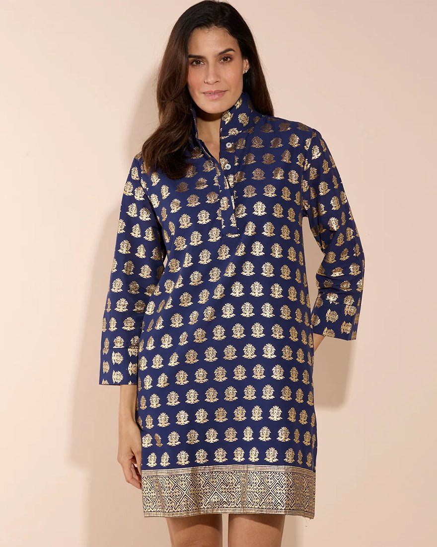 Jude Connally - Helen Dress - Foulard Border Navy Gold
