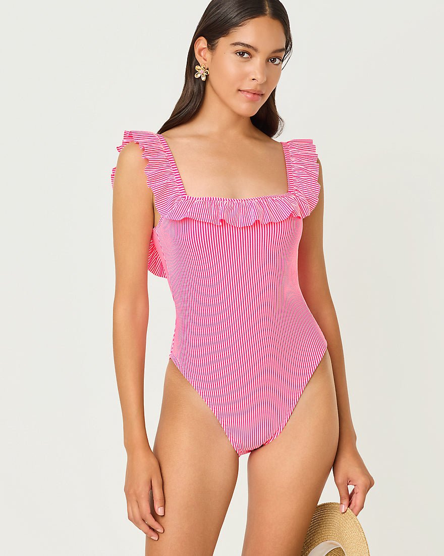 Lilly Pulitzer - Aemma Ruffle One Piece Swimsuit - Cherry Blossom Pink Seersucker Stripe
