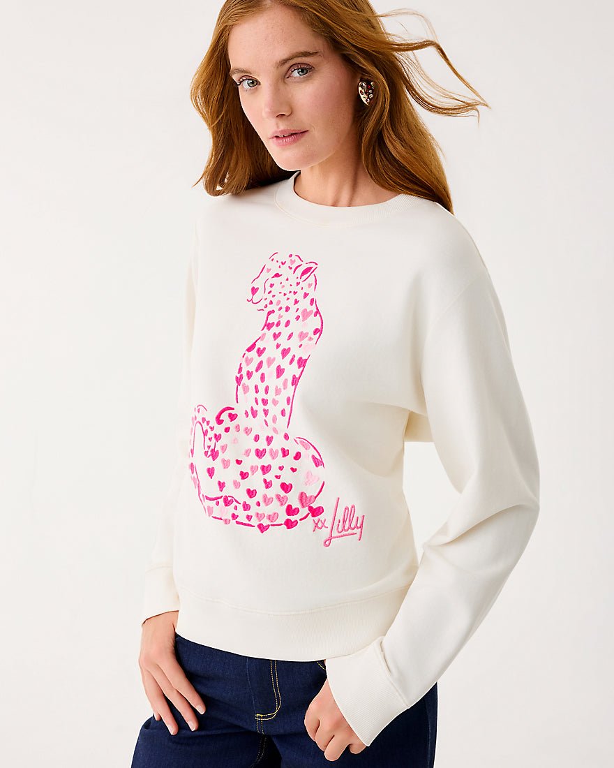 Lilly Pulitzer - Ballad Long Sleeve Sweatshirt - Coconut Love Cat Embroidery