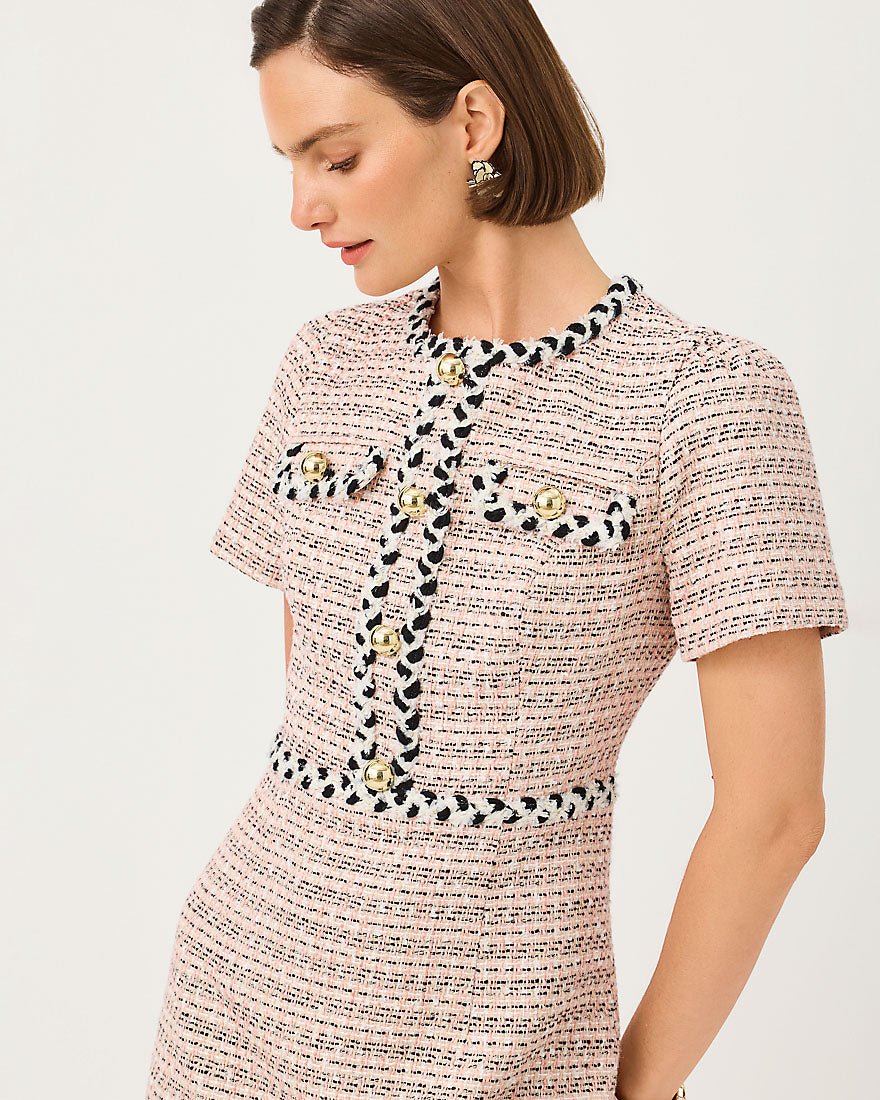 Lilly Pulitzer - Bernette Short Sleeve Boucle Shift Dress - Festival Bloom Ribbon Stripe Boucle