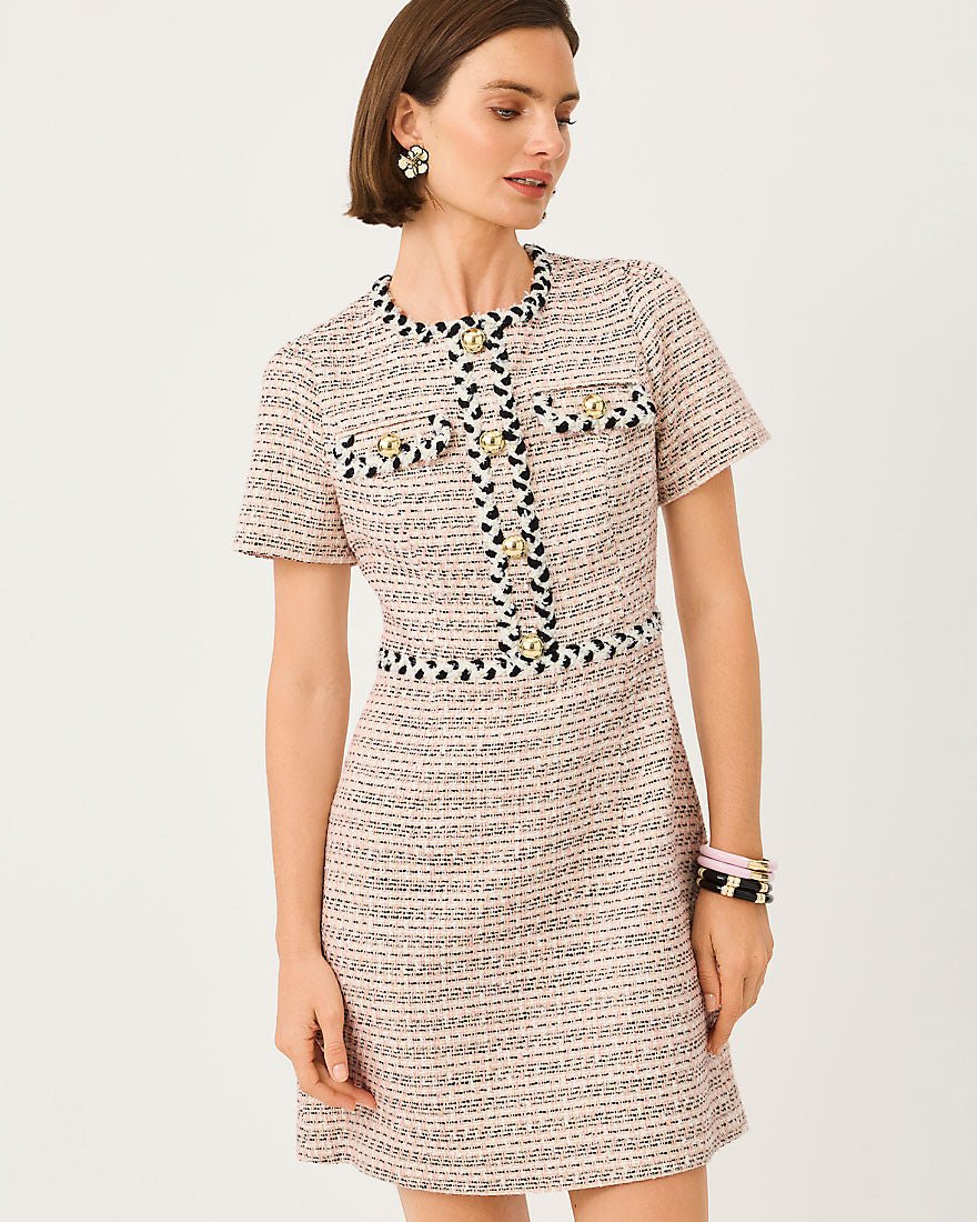 Lilly Pulitzer - Bernette Short Sleeve Boucle Shift Dress - Festival Bloom Ribbon Stripe Boucle