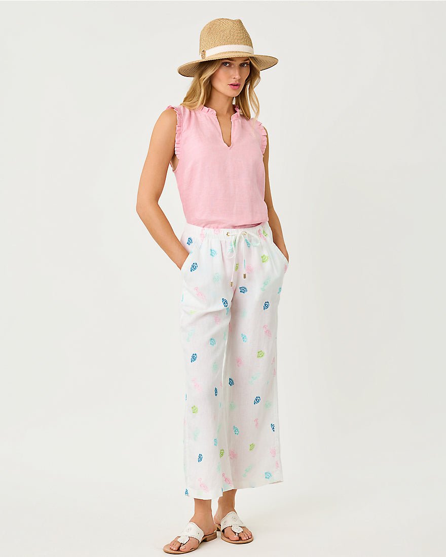 Lilly Pulitzer - Brawley Linen Crop Pant - Multi Beach Treasure Embroidery