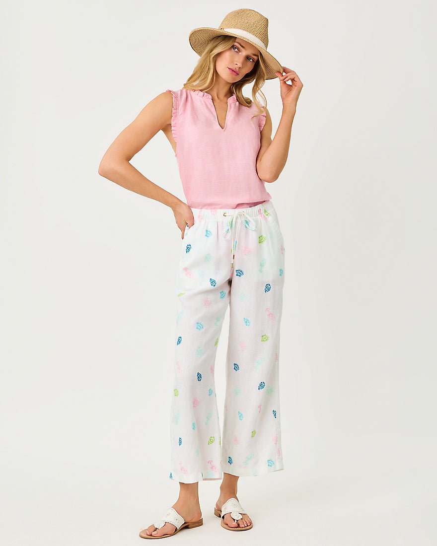 Lilly Pulitzer - Brawley Linen Crop Pant - Multi Beach Treasure Embroidery