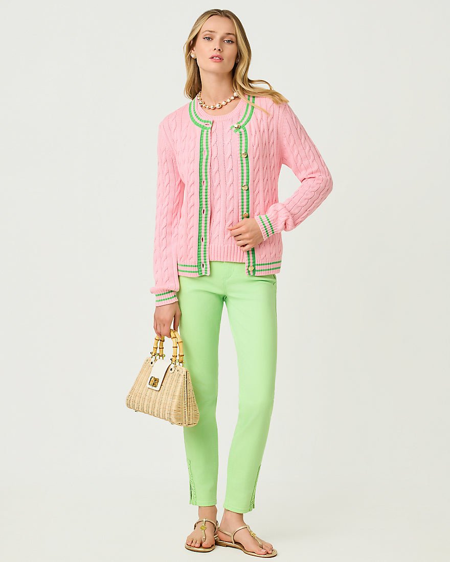 Lilly Pulitzer - Brockton Crew Neck Cardigan - Conch Shell Pink X Jackfruit Green Tipping