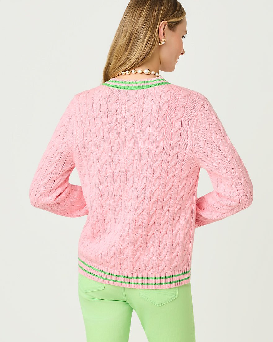 Lilly Pulitzer - Brockton Crew Neck Cardigan - Conch Shell Pink X Jackfruit Green Tipping