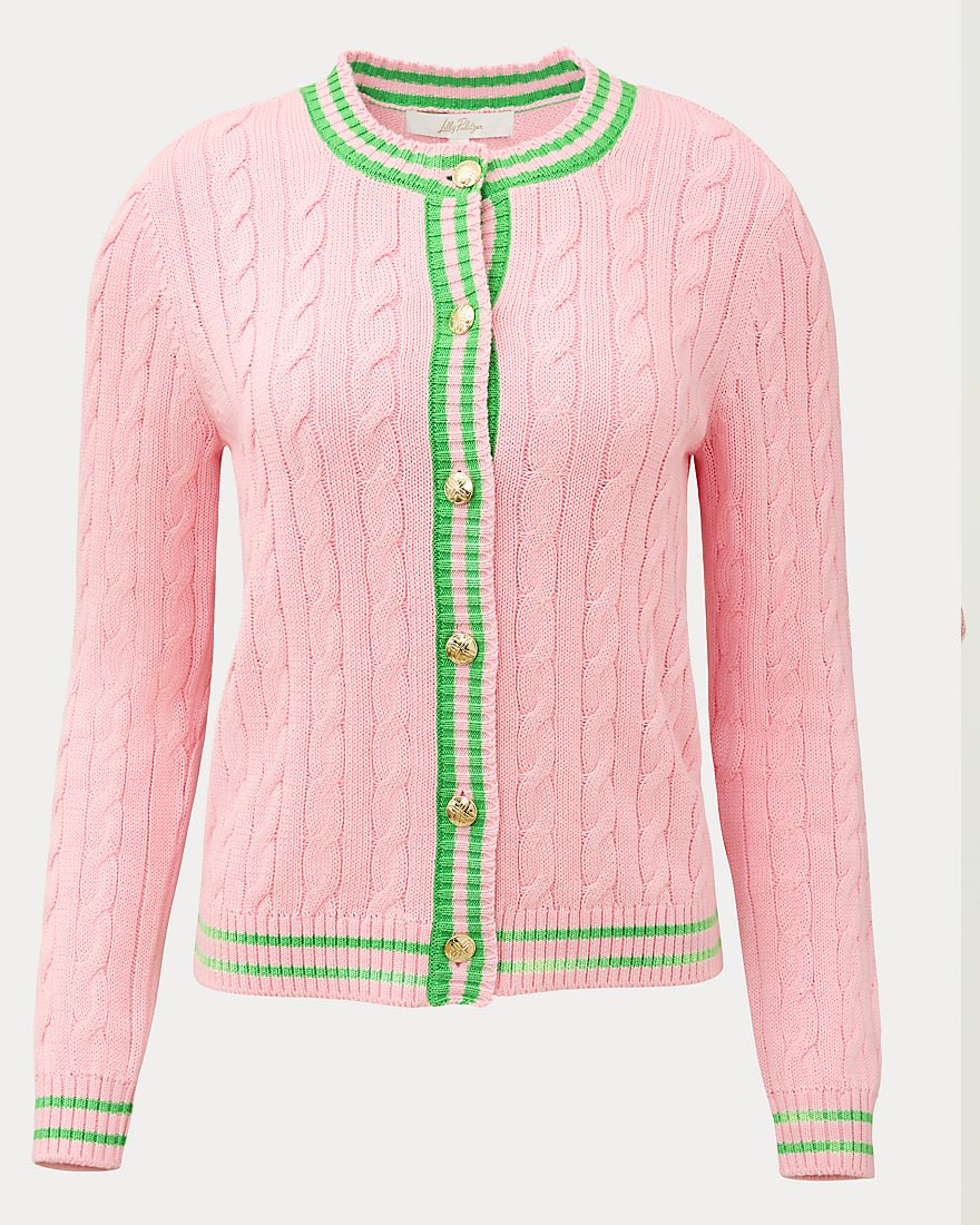 Lilly Pulitzer - Brockton Crew Neck Cardigan - Conch Shell Pink X Jackfruit Green Tipping
