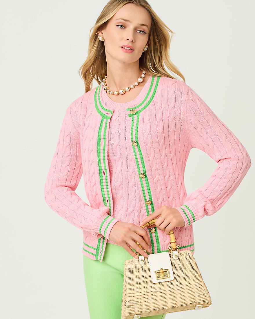Lilly Pulitzer - Brockton Crew Neck Cardigan - Conch Shell Pink X Jackfruit Green Tipping